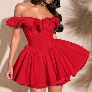 Red Elegant Women's Sexy Lace Petal Sleeve Plain Ruffle Bust Skater Dress